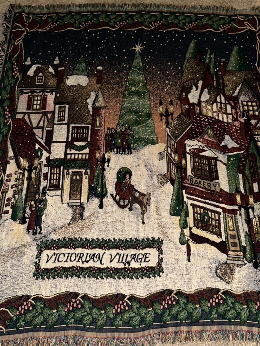 VICTORIAN VILLAGE Tapestry Throw Blanket Christmas 60" x 53" CHATHAM VINTAGE